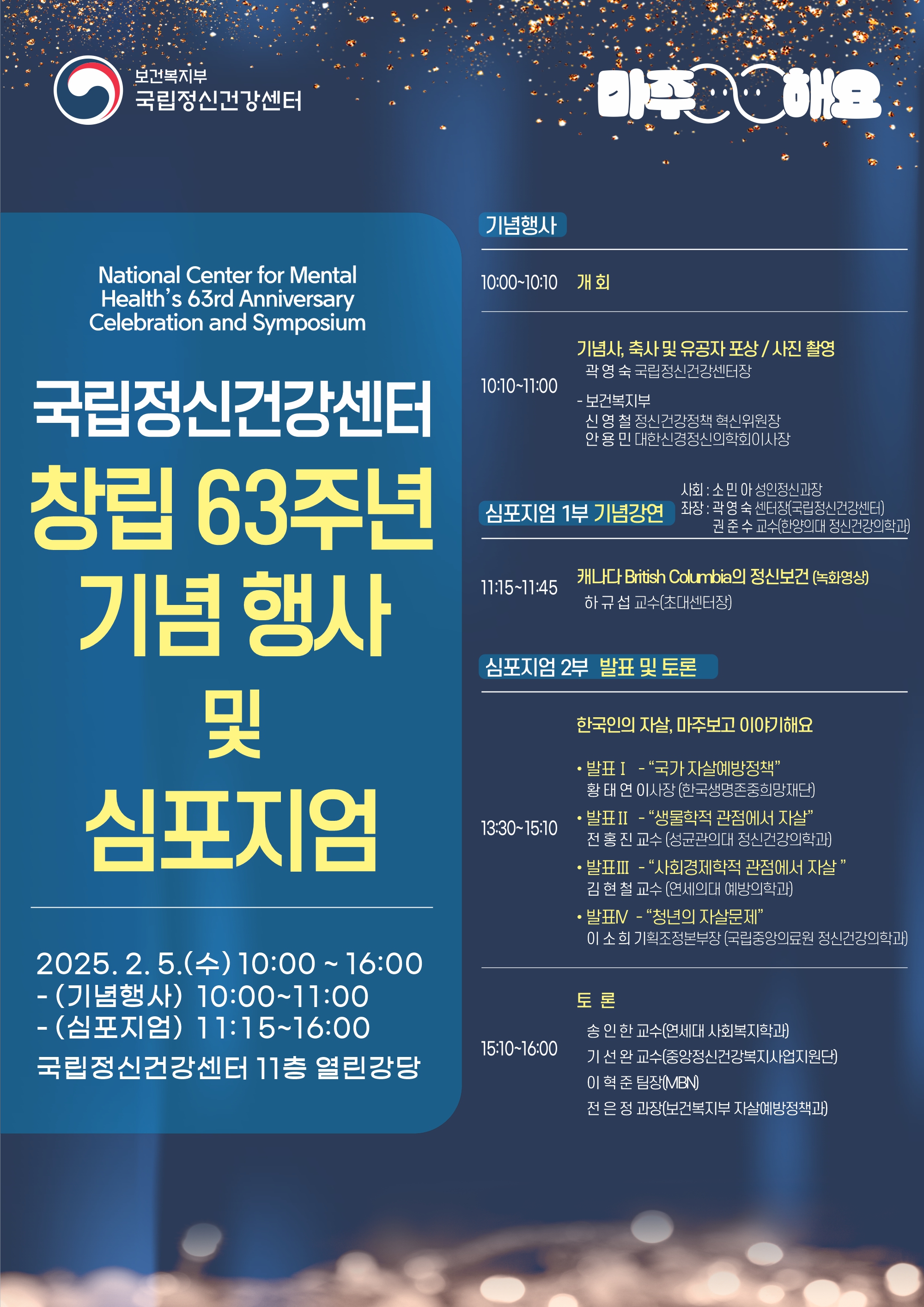 국립정신건강센터 창립 63주년 기념행사 및 심포지엄 / 2025.2.5.(수) 10:00~16:00, (기념행사) 10:00~11:00, (심포지엄) 11:15~16:00, 국립정신건강센터 11층 열린강당 / 기념행사, 10:00~10:10 개회, 10:10~11:00 기념사, 축사 및 유공자 포상 및 사진촬영, 곽영숙 국립정신건강센터장, 보건복지부 신영철 정신건강정책 혁신위원장, 안용민 대한신경정신의학회이사장 / 심포지엄 1부 기념강연, 사회:소민아 성인정신과장, 좌장:곽영숙 센터장(국립정신건강센터), 권준수 교수(한양의대 정신건강의학과), 11:15~11:45 캐나다 British Columbia의 정신보건(녹화영상), 하규섭 교수(초대센터장) / 심포지엄 2부 발표 및 토론, 13:30~15:10, 한국인의 자살, 마주보고 이야기해요, 발표1-국가 자살예방정책, 황태연 이사장(한국생명존중희망재단), 발표2-생물학적 관점에서 자살, 전홍진 교수(성균관의대 정신건강의학과), 발표3-사회경제학적 관점에서 자살, 김현철 교수(연세의대 예방의학과), 발표4-청년의 자살문제, 이소희 기획조정본부장(국립중앙의료원 정신건강의학과) / 15:10~16:00, 토론, 송인한 교수(연세대 사회복지학과, 기선완 교수(중앙정신건강복지사업지원단), 이혁준 팀장(MBN), 전은정 과장(보건복지부 자살예방정책과)