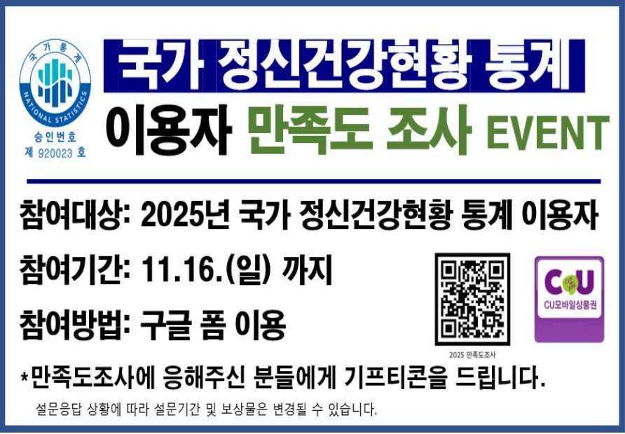 국가 정신건강현황 통계 이용자 만족도 설문조사(11.3.~11.16.) - 참여대상: 국가정신건강현황 통계 이용자 - 작성방법: 온라인설문조사(Google Forms활용)    https://forms.gle/xKKBSRVh7xERbiEs5 - 조사기간: 2025.11.3.(월)~11.16.(일)