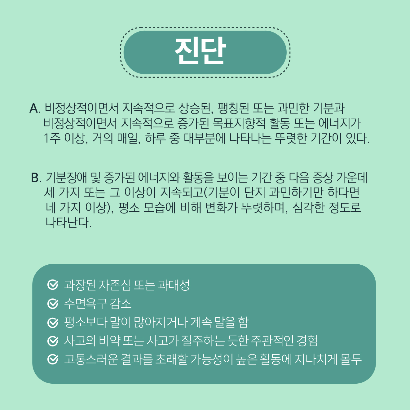 원인: 여러 가지 요인들이 복합적으로 작용하여 발생. 유전적 요소, 뇌의 생화학적 불균형, 스트레스, 물질남용, 일주기성 리듬 등