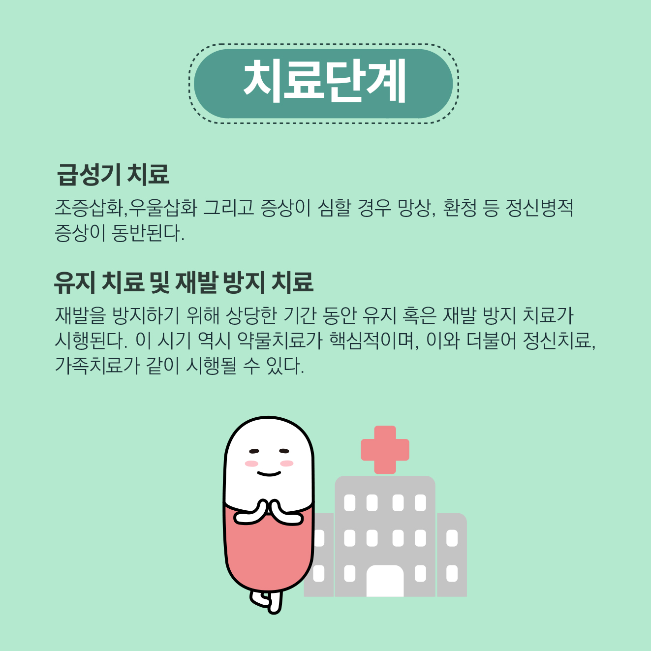 C: 기분장애가 사회적, 직업적 기능의 뚜렷한 손상을 초래할 정도로 심각하거나, 자신이나 타인에게 해를 입히는 것을 예방하기 위해 필요한 경우이거나 정신병적 양상이 동반되어 있다. D: 삽화가 물질의 생리적 작용의 결과나 다른 의학적 상태에 의한 것이 아니다. 