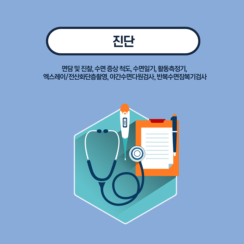 <진단>면담 및 진찰, 수면 증상 척도, 수면일기, 활동 측정기, 엑스레이/전산화단층촬영, 야간수면다원검사, 반복수면잠복기검사