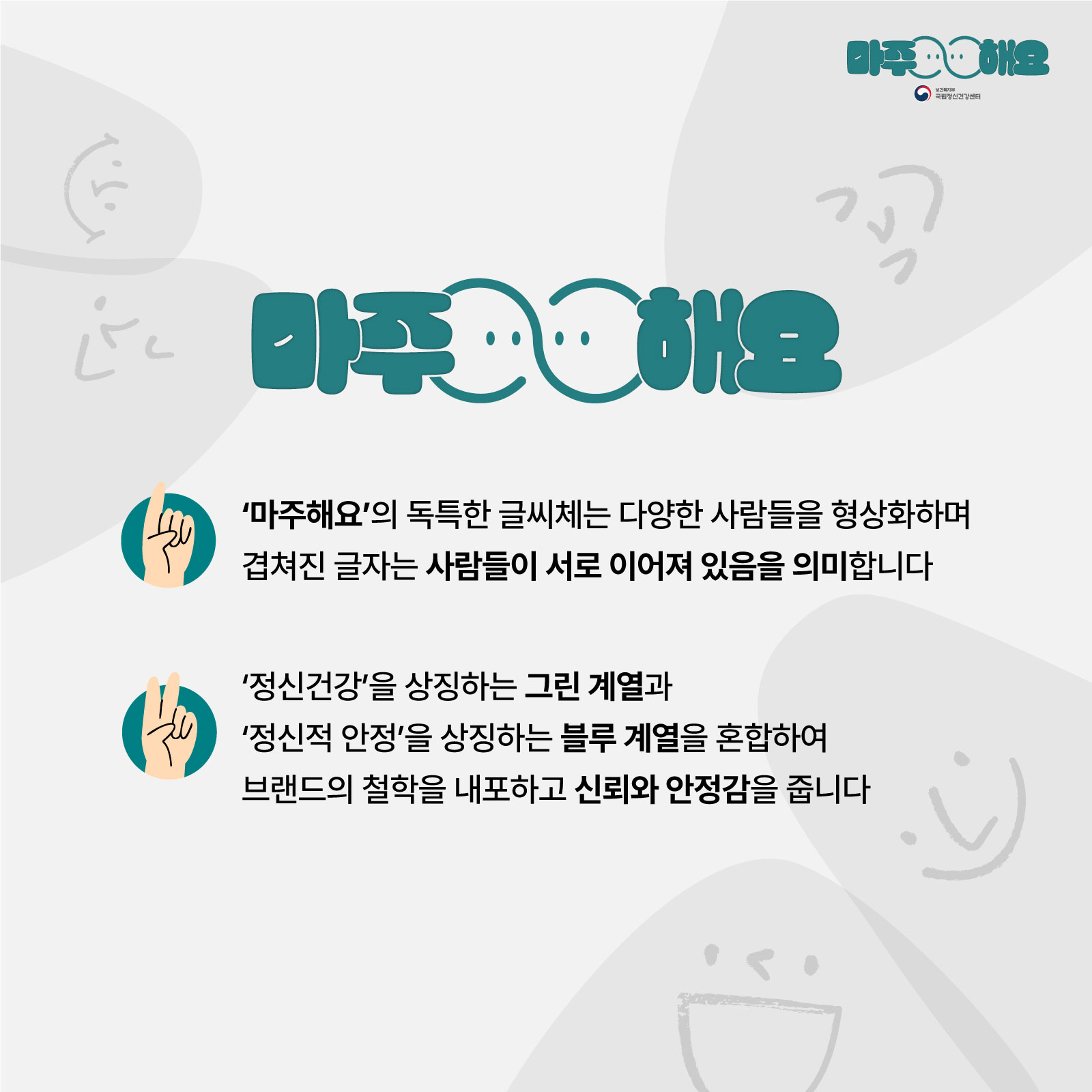(텍스트) 1) ‘마주해요’의 독특한 글씨체는 다양한 사람들을 형상화하며 겹쳐진 글자는 사람들이 서로 이어져 있음을 의미합니다. 2) ‘정신건강’을 상징하는 그린 계열과 ‘정신적 안정’을 상징하는 블루 계열을 혼합하여 브랜드의 철학을 내포하고 신뢰와 안정감을 줍니다. (이미지 설명) 흰색 배경 속 화면 정중앙에 글이 적혀있다. ‘마주해요’ 브랜드 로고가 그려져 있고 아래에는 글이 적혀있다. 왼쪽 상단에는 웃는 표정을 하고 있는 두 개의 회색 원형이 맞대어져 있다. 오른쪽 상단에는 웃는 표정을 하고 있는 회색 원형이 있다. 오른쪽 하단에는 웃는 표정을 하고 있는 두 개의 회색 원형이 맞대어져 있다.