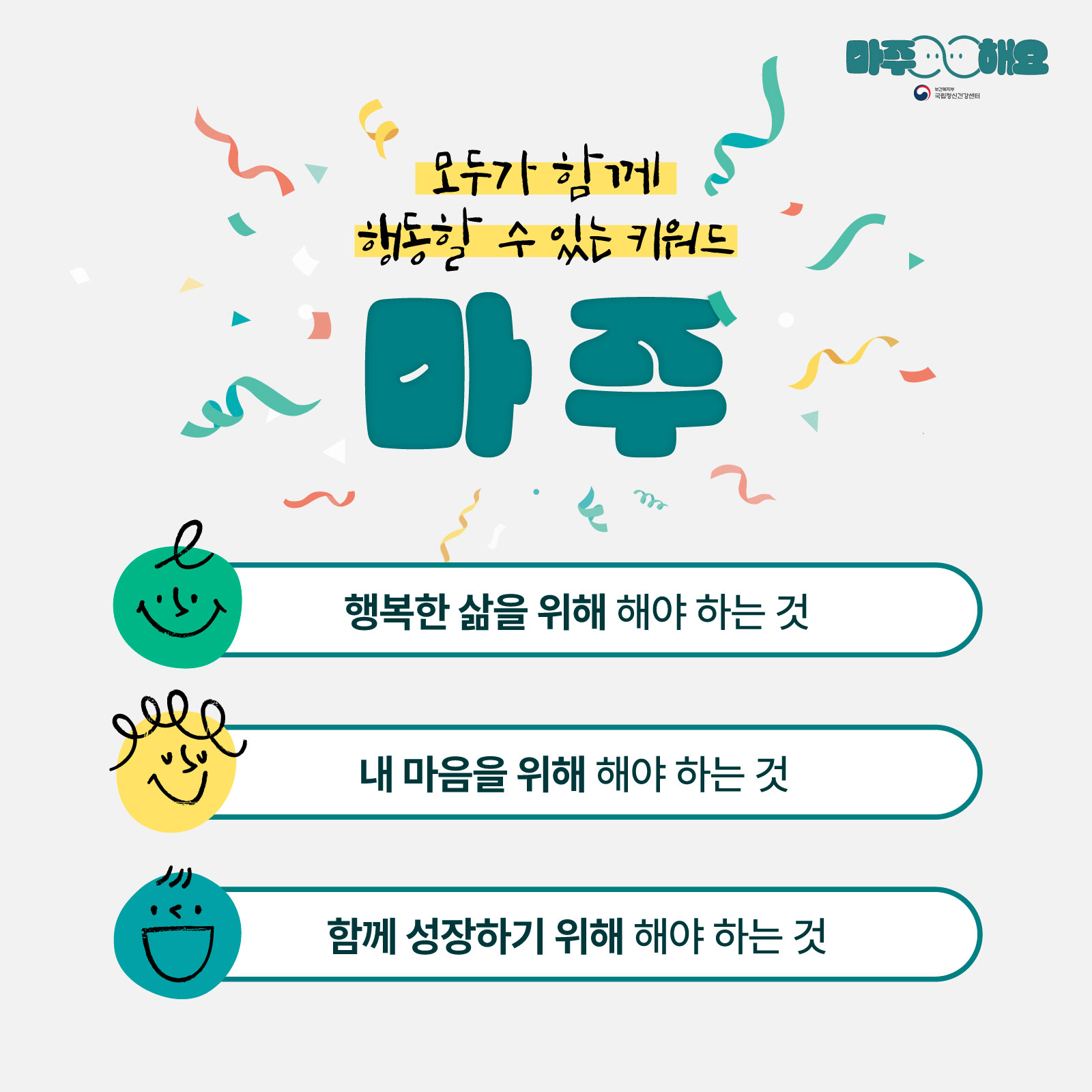 (텍스트) 모두가 함께 행동할 수 있는 키워드 마주 행복한 삶을 위해 해야 하는 것 내 마음을 위해 해야 하는 것 우리가 함께 성장하기 위해 해야 하는 것 (이미지 설명) 정중앙 상단 부분에 ‘모두가 함께 행동할 수 있는 키워드’가 노란색 형광펜으로 강조되어 있다. 강조된 글 아래에 ‘마주’가 적혀있고 근처에는 노란색, 흰색, 초록색 종이가 흩뿌려져 있다. 정중앙에는 웃고 있는 표정을 하고 있는 초록색, 노란색, 청록색 원형들이 위에서 아래로 순서대로 나열되어 있다. 초록색 원형 옆에는 ‘행복한 삶을 위해 해야 하는 것’이 적혀있다. 노란색 원형 옆에는 ‘내 마음을 위해 해야 하는 것’이 적혀있다. 청록색 원형 옆에는 ‘함께 성장하기 위해 해야 하는 것’이 적혀있다. 