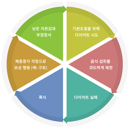 신경성 폭식증 증상 - 낮은 자존감과 부정정서 ,  기분조절을 위해 다이어트 시도, 음식 섭취를 과도하게 제한, 다이어트 실패 , 폭식, 체중증가 걱정으로 보상 행동 (예: 구토