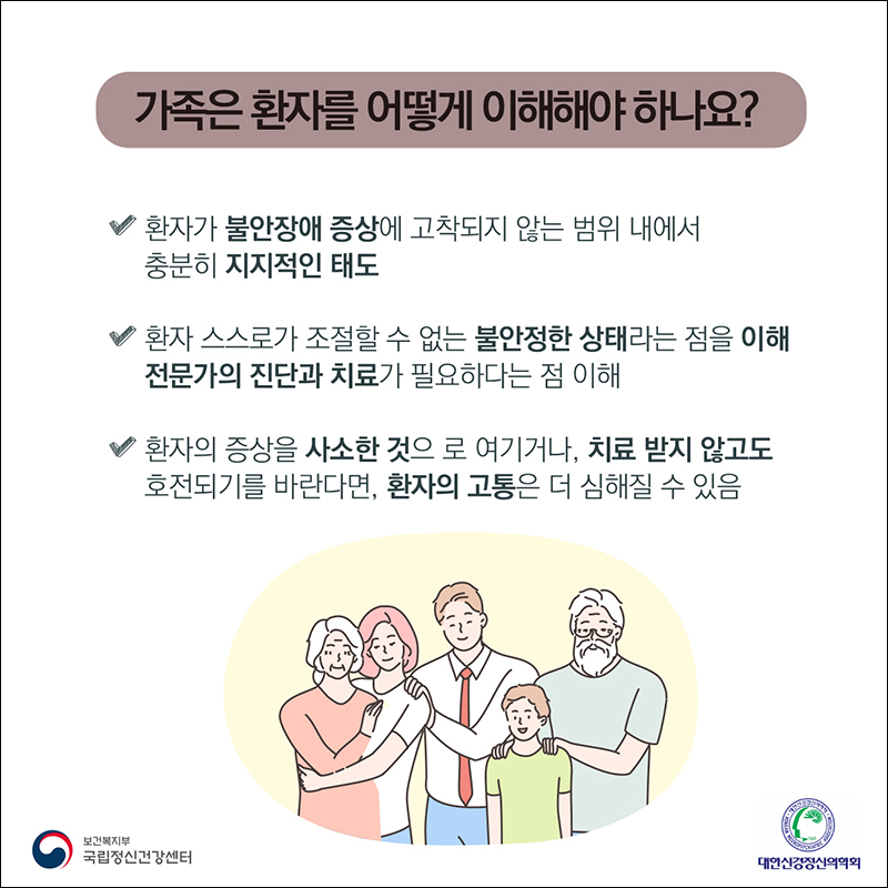 가족은 환자를 어떻게 이해해야 하나요? ○ 환자가 불안장애 증상에 고착되지 않는 범위 내에서 충분히 지지적인 태도 ○환자 스스로가 조절할 수 없는 불안전한 상태라는 점을 이해 전문가의 진단과 치료가 필요하다는 점 이해 ○환자의 증상을 사소한 것으로 여기거나, 치료받지 않고도 호전되기를 바란다면, 환자의 고통은 더 심해질 수 있음