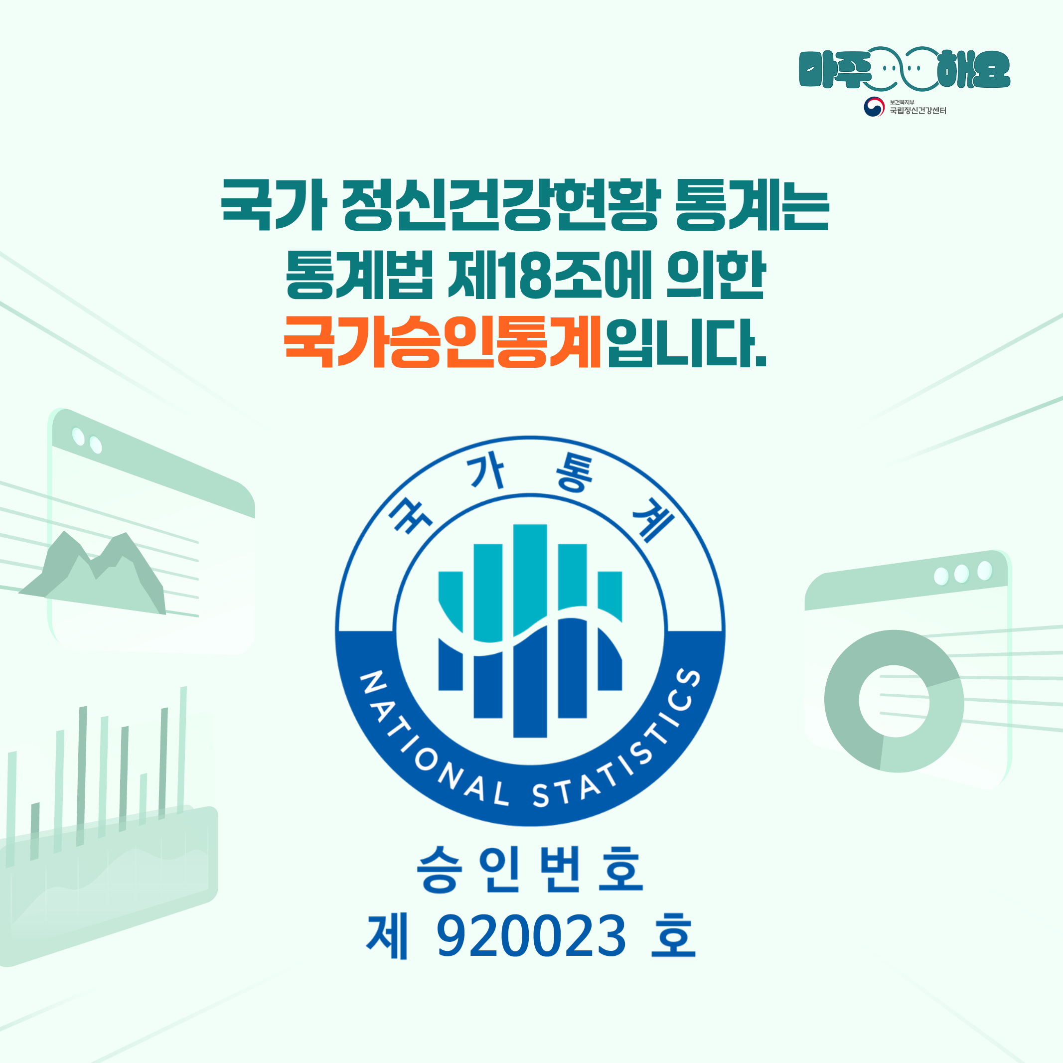 (텍스트)  국가 정신건강현황 통계는 통계법 제18조에 의한 국가승인통계입니다.   국가통계   승인번호 제 920023 호  (이미지 설명)  정중앙에 텍스트가 있고 텍스트 아래에 국가통계 승인마크가 놓여있다.  배경으로는 막대그래프와 원그래프, 선그래프가 놓여져있다. 