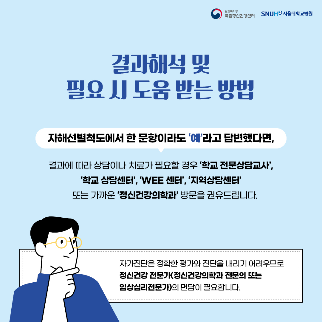 결과해석 및 필요시 도움을 받는 법. 자해선별척도에서 한 문항이라도 예라고 답변했다면 학교 전문상담교사, 학교 상담센터, wee 센터, 지역상담센터, 또는 가까운 정신건강의학과 방문을 권유드립니다. 자가진단으로는 정확한 평가와 진단을 내리기 어려우므로 정신건강전문의와의 면담이 필요합니다.