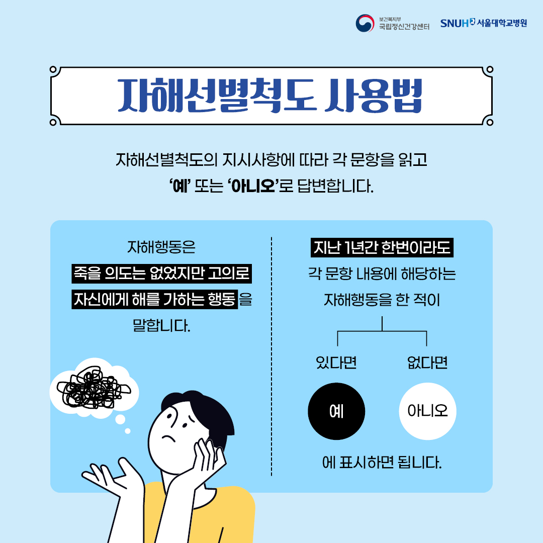 자해선별척도 사용법, 자해선별척도의 지시사항에 따라 각 문항을 읽고 예 또는 아니오로 답변합니다. 자해행동은 죽을 의도는 없었지만 고의로 자신에게 해를 가하는 행동을 말합니다. 지난 1년간 한번이라도 각 문항에 내용에 해당하는 자해행동이 있다면 예 또는 아니오로 표시합니다.