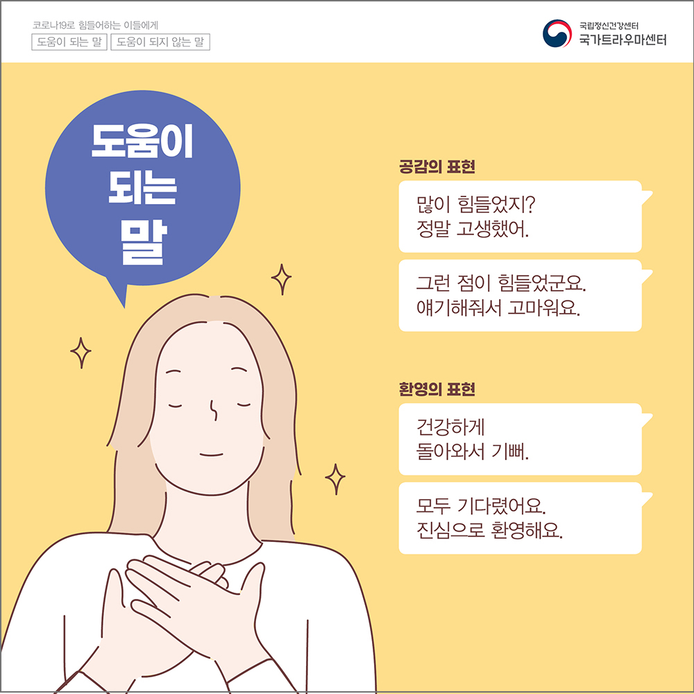 (도움이 되는 말) 공감의 표현: 많이 힘들었지? 정말 고생했어. 그런 점이 힘들었군요. 얘기해줘서 고마워요. 환경의 표현: 건강하게 돌아와서 기뻐. 모두 기다렸어요. 진심으로 환영해요.