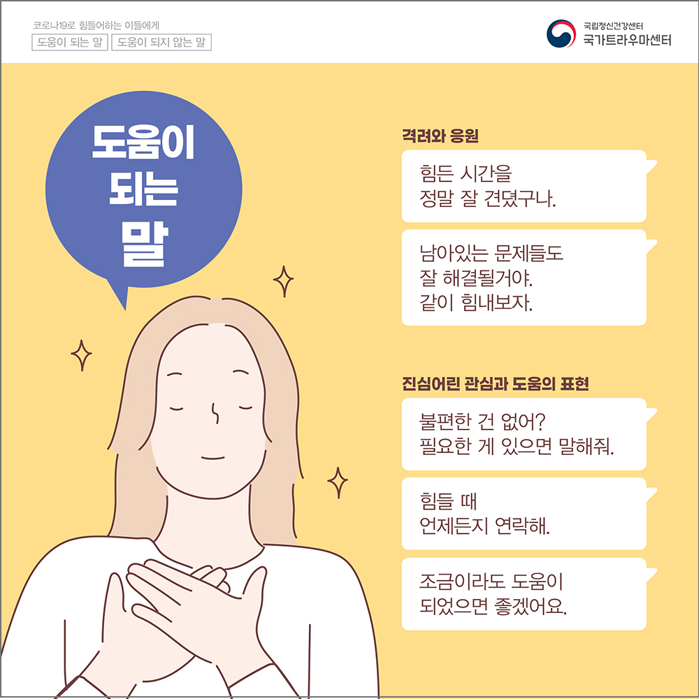 (도움이 되는 말) 격려와 응원: 힘든 시간을 정말 잘 견뎠구나. 남아있는 문제들도 잘 해결될거야. 같이 힘내보자. 진심어린 관심과 도움의 표현: 불편한 건 없어? 필요한 게 있으면 말해줘. 조금이라도 도움이 되었으면 좋겠어요.