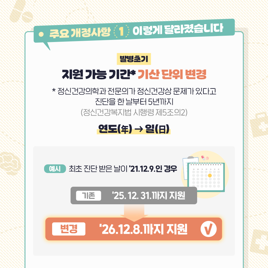 (텍스트) 주요 개정 사항 1. 이렇게 달라졌습니다.  (발병초기) 지원 가능 기간* 기산 단위 변경 * 정신건강의학과 전문의가 정신건강상 문제가 있다고 진단을 한 날부터 5년까지 (정신건강복지법 시행령 제5조의2) 연도(年) → 일(日) (예시) 최초 진단 받은 날이 `21. 12. 9.인 경우 기존 `25. 12. 31.까지 지원 → 변경 `26. 12. 8.까지 지원 (이미지 설명) 연한 베이지색 빗살무늬 바탕에 초록색 테두리로 된 글상자가 있다.  글상자 하단에 지원 가능 기간 변경 예시 도식이 있다.  기존 지원 기간인 `25. 12. 31.까지에서 변경된 지원 기간인 `26. 12. 8.까지를 가리키는 연한 주황색 화살표가 있다.  예시 오른쪽으로 달력 그림이 있다.   <페이지3> (텍스트) 주요 개정 사항 1. 이렇게 달라졌습니다.  발병초기·외래치료 지원·권역정신응급의료센터 정신응급치료비 필수 등록 기관 다양화 정신건강복지센터, 중독통합관리지원센터, 청년마음건강센터 등 정신건강복지센터와 유사 기능을 하는 기관 모두 가능  ※ 정신질환자 치료비 지원 신청서(서식 1·2호) 상 관련 기관 등록 여부 체크 필수 (이미지 설명) 연한 베이지색 빗살무늬 바탕에 초록색 테두리로 된 글상자가 있다.  글상자 하단에 서류판 그림이 있다.   서류판을 가로질러 주황색 테두리로 강조된 신청서 서식의 일부가 확대되어 있다.  확대된 신청서 서식의 그림 안에 관련 기관 등록 여부를 필수로 체크하도록 별 그림으로 강조되어 있다. 