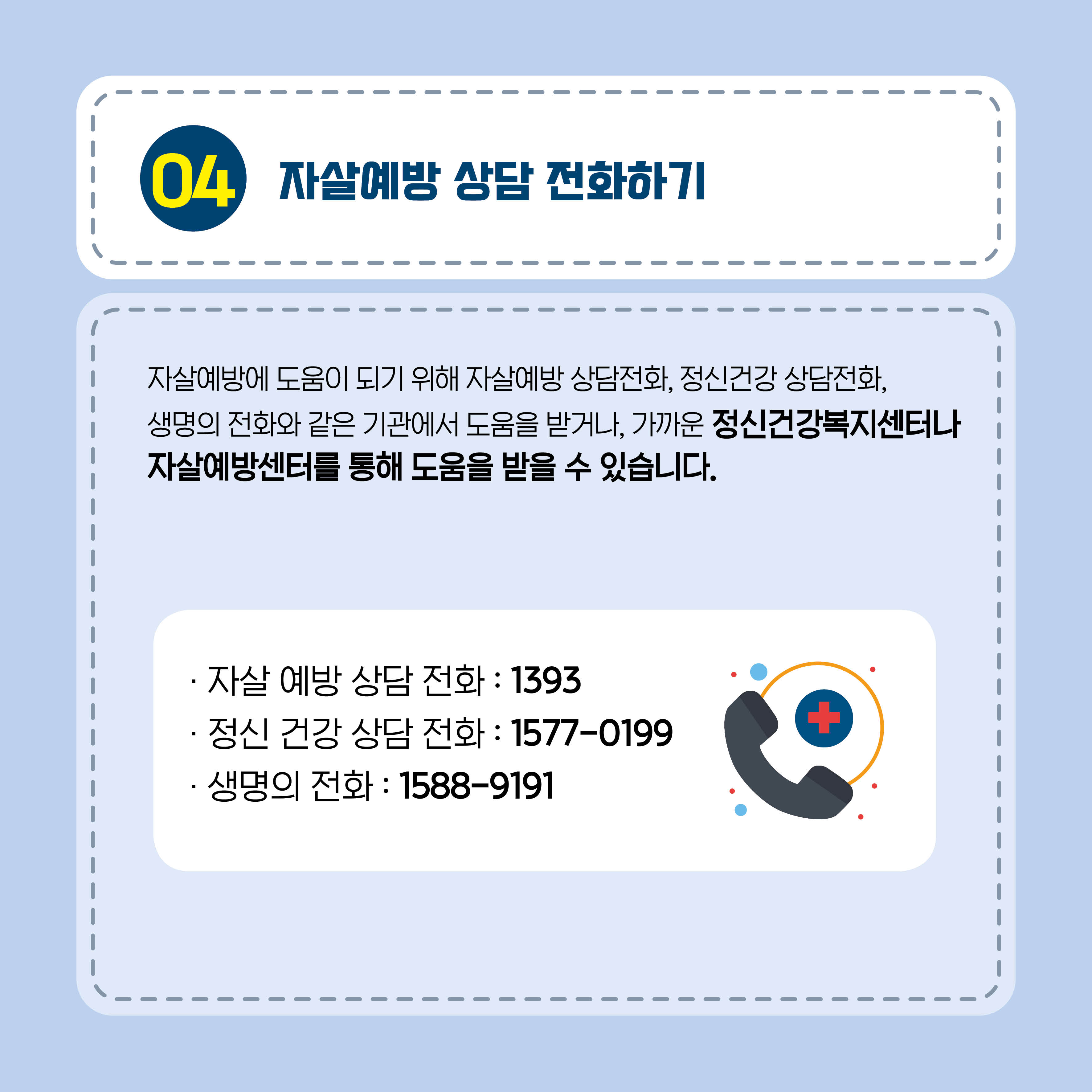04. 자살 예방 상담전화가기. 자살 예방에 도움이 되기 위해 자살 예방 상담전화, 정신건강 상담전화, 생명의 전화와 같은 기관에서 도움을 받거나, 가까운 정신건강복지센터나 자살 예방센터를 통해 도움을 받을 수 있습니다. ○ 자살예방 상담전화: 1393 ○정신건강상담전화: 1577-0199 ○생명의 전화: 1588-9191