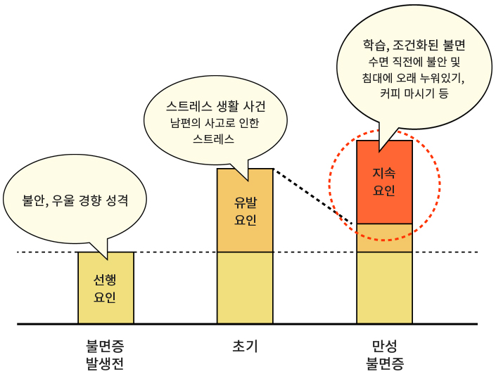 [불면증 발생전-선행요인] , [초기- 유발요인(남편의 사고로 인한 스트레스) ],  [ 만성불면증 지속요인( 수면 직전에 불안 및 침대에 오래 누워있기, 커피 마시기 등)] 