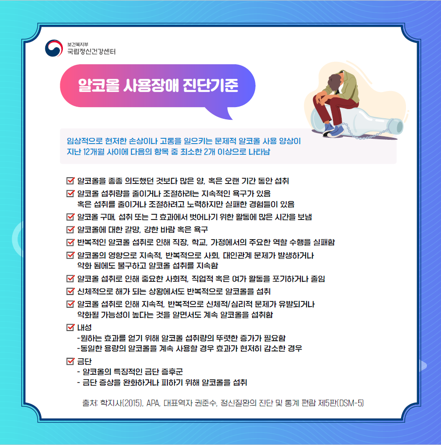 미국정신의학회(Americam Psychiatric Association)의 정신질환의 진단 및 통계 편람(Diagnostic and Statistical Manual of Mental Disorder(DSM))은 정신질환의 신뢰할 만한 진단이 가능하도록 고안된 관련 기준들을 통칭하는 정신질환 분류법입니다. 2015년 대표역자 권준수 서울대학교병원 정신건강의학과 교수님께서 출간하신 정신질환의 진단 및 통계 편람 제5판 한국어판에 따르면 알코올 사용장애 진단기준은 다음과 같습니다.  알코올 사용장애 진단기준은 임상적으로 현저한 손상이나 고통을 일으키는 문제적 알코올 사용 양상이 지난 12개월 사이에 다음과 항목 중 최소한 2개 이상으로 나타납니다.  첫번째, 알코올을 종종 의도했던 것보다 많은 양, 혹은 오랜 기간 동안 섭취 두번째, 알코올 섭취량을 줄이거나 조절하려는 지속적인 욕구가 있음.       혹은 섭취를 줄이거나 조절하려고 노력하지만 실패한 경험들이 있음. 세번째, 알코올 구매, 섭취 또는 그 효과에서 벗어나기 위한 활동에 많은 시간을 보냄  네번째, 알코올에 대한 갈망, 강한 바람 혹은 욕구 다섯번째, 반복적인 알코올 섭취로 인해 직장, 학교, 가정에서의 주요한 역할 수행을 실패함 여섯 번째, 알코올의 영향으로 지속적, 반복적으로 사회, 대인관계 문제가 발생하거나 악화됨에도 불구하고 알코올 섭취를 지속함 일곱 번째, 알코올 섭취로 인해 중요한 사회적, 직업적 혹은 여가 활동을 포기하거나 줄임 여덟 번째, 신체적으로 해가 되는 상황에서도 반복적으로 알코올을 섭취 아홉 번째, 알코올 섭취로 인해 지속적, 반복적으로 신체적, 심리적 문제가 유발되거나 악화될 가능성이 높다는 것을 알면서도 계속 알코올을 섭취함 열 번째, 내성 원하는 효과를 얻기 위해 알코올 섭취량의 뚜렷한 증가가 필요한 동일한 용량의 알코올을 계속 사용할 경우 효과가 현저히 감소한 경우를 말함. 열한 번째, 금단증상 알코올의 특징적인 금단 증후군(알코올을 과도하게 장기적으로 사용하다가 중단시 수시간 혹은 수일 내에 발한, 빈맥, 손 떨림 증가, 불면, 오심, 구토, 환각이나 착각, 정신운동 초조, 불안, 대박작 발생)이 발생한다. 금단 증상을 완화하거나 피하기 위해 알코올을 섭취한다.  출처: 학지사(2015), APA, 대표역자 권주수, 정신질환의 진단 및 통계 편람 제5판(DSM-5)  (이미지 설명:우측 상단부에 술병과 발목이 쇠사슬로 묶인 남자가 고개를 숙인 채 괴로워하고 있다