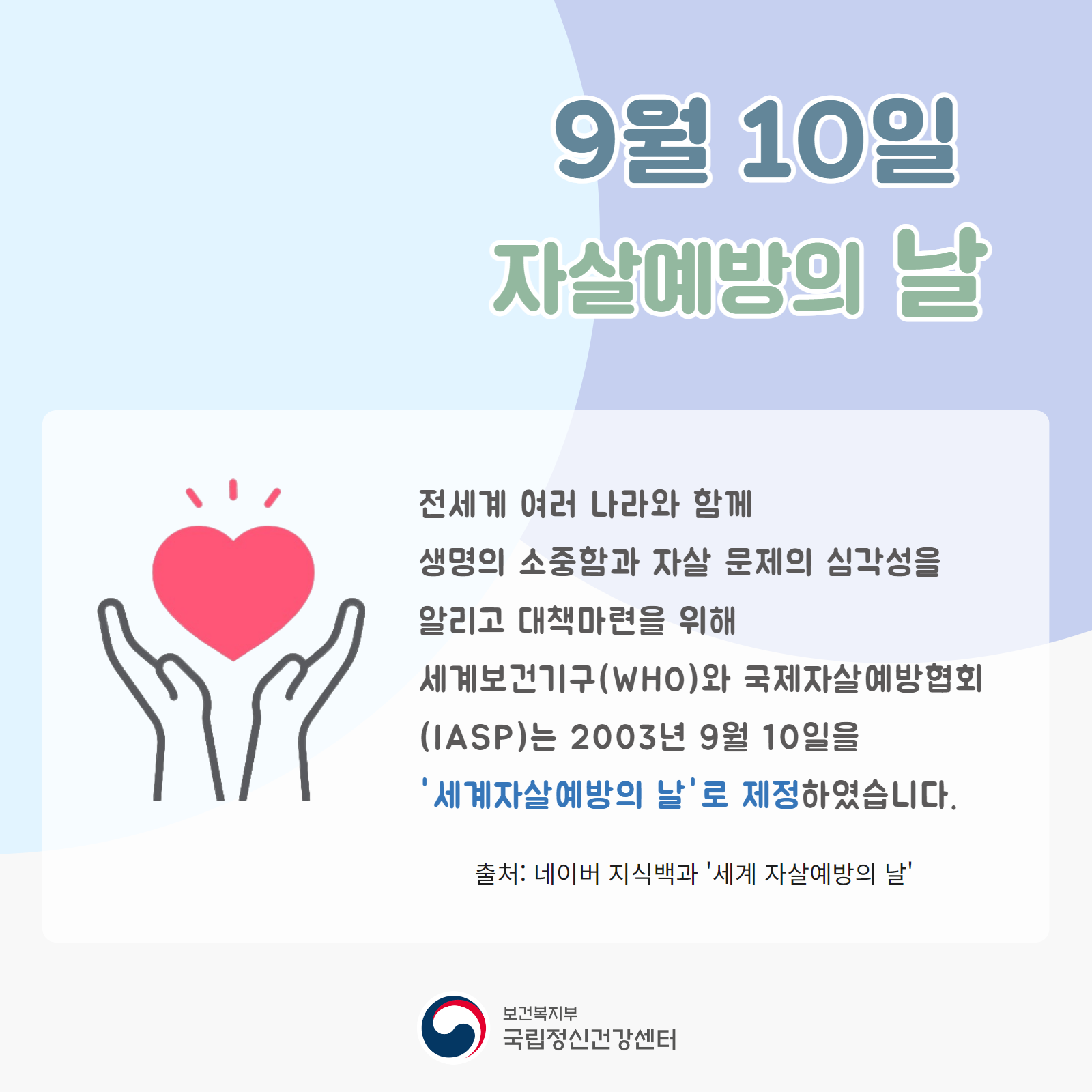 (대체텍스트) 배경: 하늘색과 연보라색 타원 2개가 겹쳐져있다.  제목: '9월 10일'은 옅은 푸른색, '자살예방의 날'은 옅은 초록색글씨로 작성  카드뉴스 가운데 두손 위로 빨간색 하트모양이 강조되어 표시되어있다.   전세계 여러 나라와 함께  생명의 소중함과 자살 문제의 심각성을  알리고 대책마련을 위해  세계보건기구(WHO)와 국제자살예방협회(IASP)는 2003년 9월 10일을  '세계자살예방의 날'로 제정하였습니다.  위의 내용중 '세계자살예방의 날'로 제정 만 푸른색 글씨이고, 나머지 문장은 회색톤 글씨로 작성  출처: 네이버 지식백과 '세계 자살예방의 날'은 검정글씨로 작성되어 있다.
