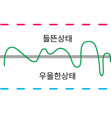 들뜬 상태와 우울한 상태가 골고루 나타남